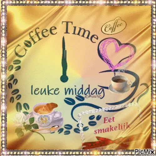 ᐅ goedemiddag gif - Goedemiddag plaatjes Koffietijd met een klokkenmotief en schattige koffiekoppen. Eet smakelijk!