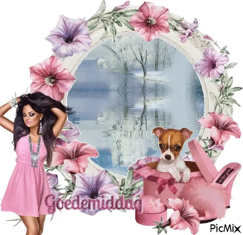 ᐅ goedemiddag gif - Goedemiddag plaatjes Vrouw in roze jurk met bloemen, spiegelbeeld en schattige puppy.