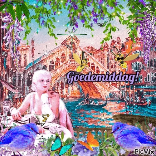 ᐅ goedemiddag gif - Goedemiddag plaatjes Vrouwen aan tafel in Venetië met bloemen, vlinders en een brug op de achtergrond.