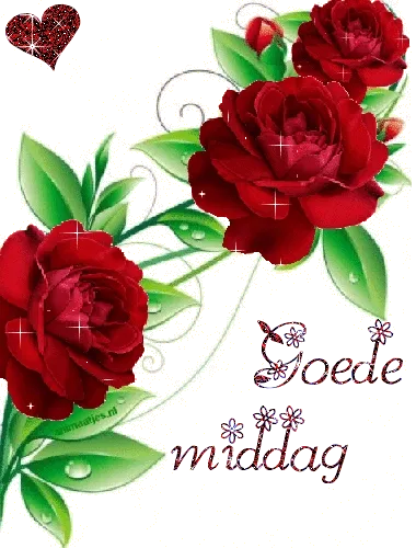 ᐅ goedemiddag gif - Goedemiddag plaatjes Drie rode rozen met de tekst "Goede middag" op een groene achtergrond.