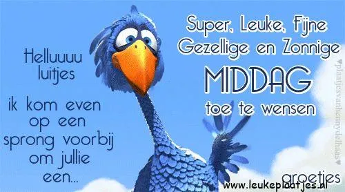 ᐅ goedemiddag humor - Goedemiddag plaatjes Blauwe vogel met tekst: 'Fijne middag toe te wensen' op een zonnige achtergrond.