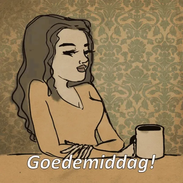 ᐅ goedemiddag humor - Goedemiddag plaatjes Vrouw met een kop koffie, zittend aan een tafel, groet met "Goedemiddag!"