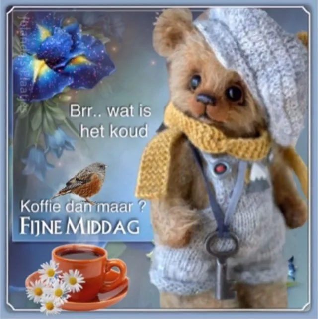 ᐅ goedemiddag plaatjes - Goedemiddag plaatjes Een schattige teddybeer in winterkleding met een kop koffie en bloemen.