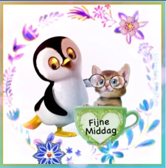 ᐅ goedemiddag plaatjes - Goedemiddag plaatjes Een pinguïn en een kat met een theekopje met de tekst "Fijne Middag".