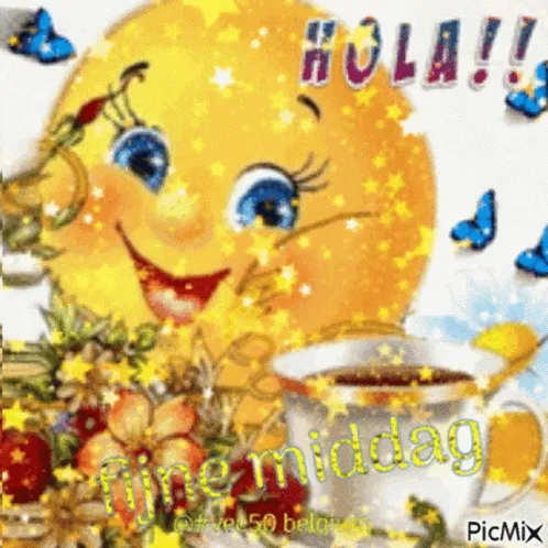 Goedemiddag Plaatjes - Vrolijke zon met bloemen en een kopje thee, met de tekst 'fijne middag'.