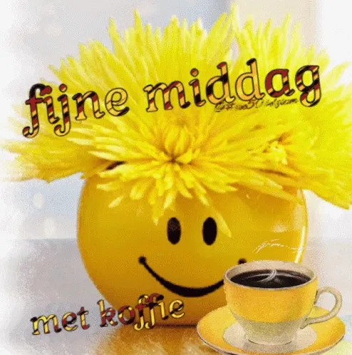 Goedemiddag Plaatjes - Een gele vaas met bloemen en een kopje koffie, tekst "fijne middag met koffie".