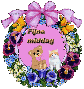 Goedemiddag Plaatjes - Bloemenkrans met een teddybeer en kat, tekst "Fijne middag".