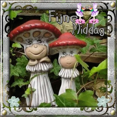 Goedemiddag Plaatjes - Twee schattige paddenstoelenfiguren tussen groen, met de tekst 'Fijne Middag'.
