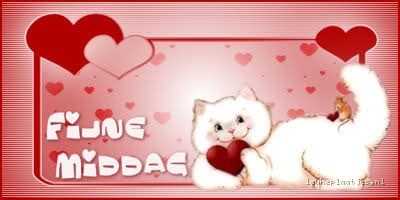 Goedemiddag Plaatjes - Witte kat met hartjes houdt een hart vast, achtergrond in roze tinten.