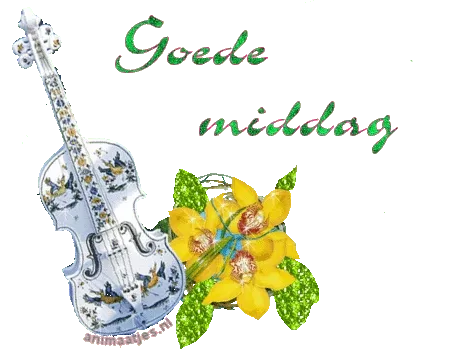 Een afbeelding met een viool en gele bloemen met de tekst "Goede middag".