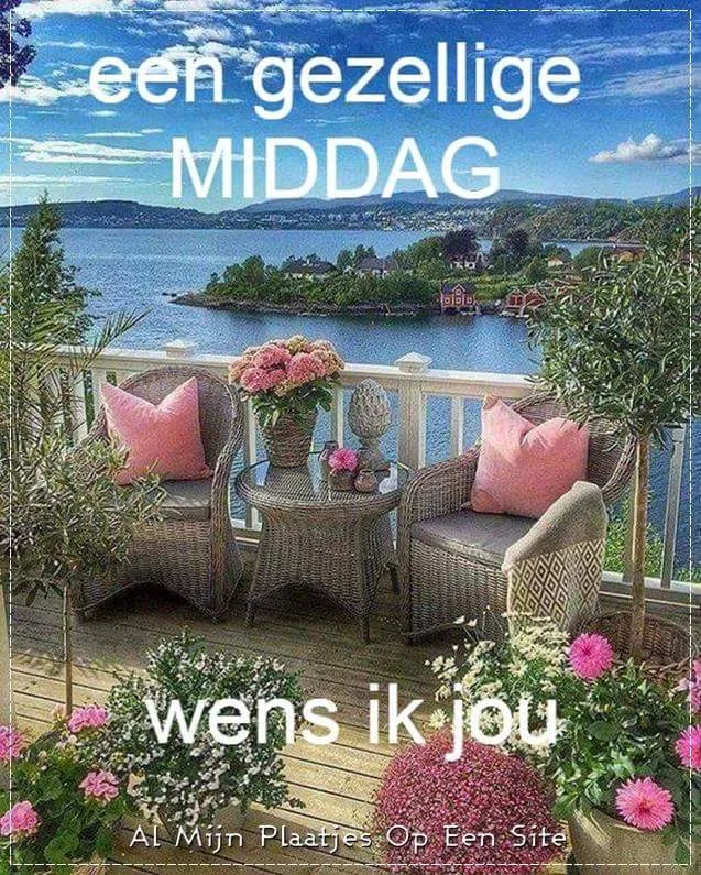 Twee comfortabele stoelen met kussens, omringd door bloemen, uitzicht op water.