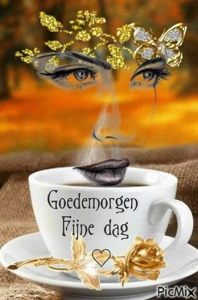 ᐅ goedemorgen afbeeldingen - Goedemorgen plaatjes Een vrouwelijk gezicht met een kopje koffie en de tekst "Goedemorgen, Fijne dag".