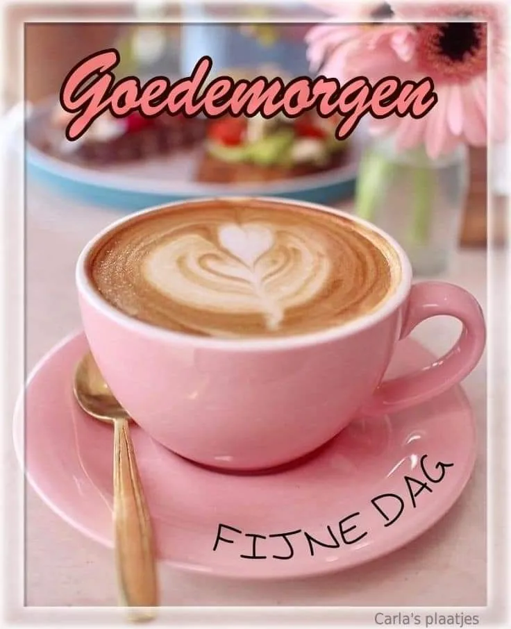 ᐅ goedemorgen afbeeldingen - Goedemorgen plaatjes Roze koffiekop met een hartje, tekst "Goedemorgen" en "Fijne dag" er omheen.