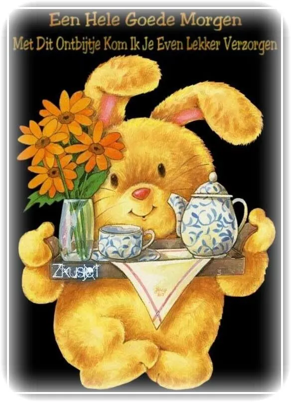 ᐅ goedemorgen afbeeldingen - Goedemorgen plaatjes Een schattige konijn met een dienblad vol ontbijt en bloemen. Een vrolijke boodschap voor de ochtend.