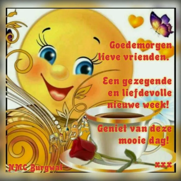 ᐅ goedemorgen afbeeldingen - Goedemorgen plaatjes Zonnige lach met koffie en een roos, begroet vrienden voor een nieuwe week.