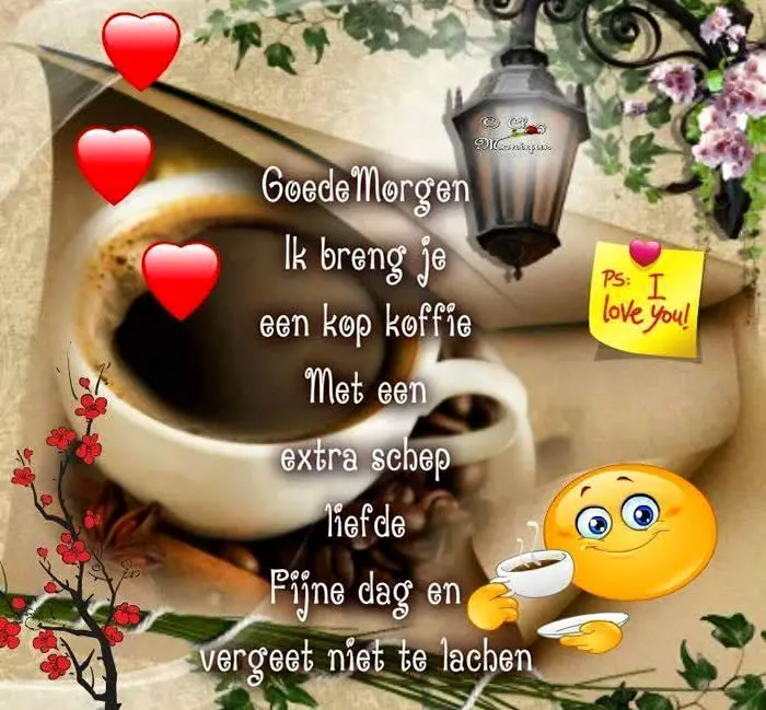 ᐅ goedemorgen afbeeldingen - Goedemorgen plaatjes Kop koffie met tekst: "Goedemorgen, fijne dag en vergeet niet te lachen."