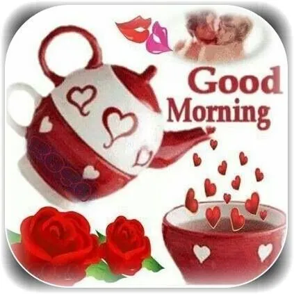 ᐅ goedemorgen afbeeldingen - Goedemorgen plaatjes Theepot en kop met harten, bloemen, en de tekst 'Good Morning'.