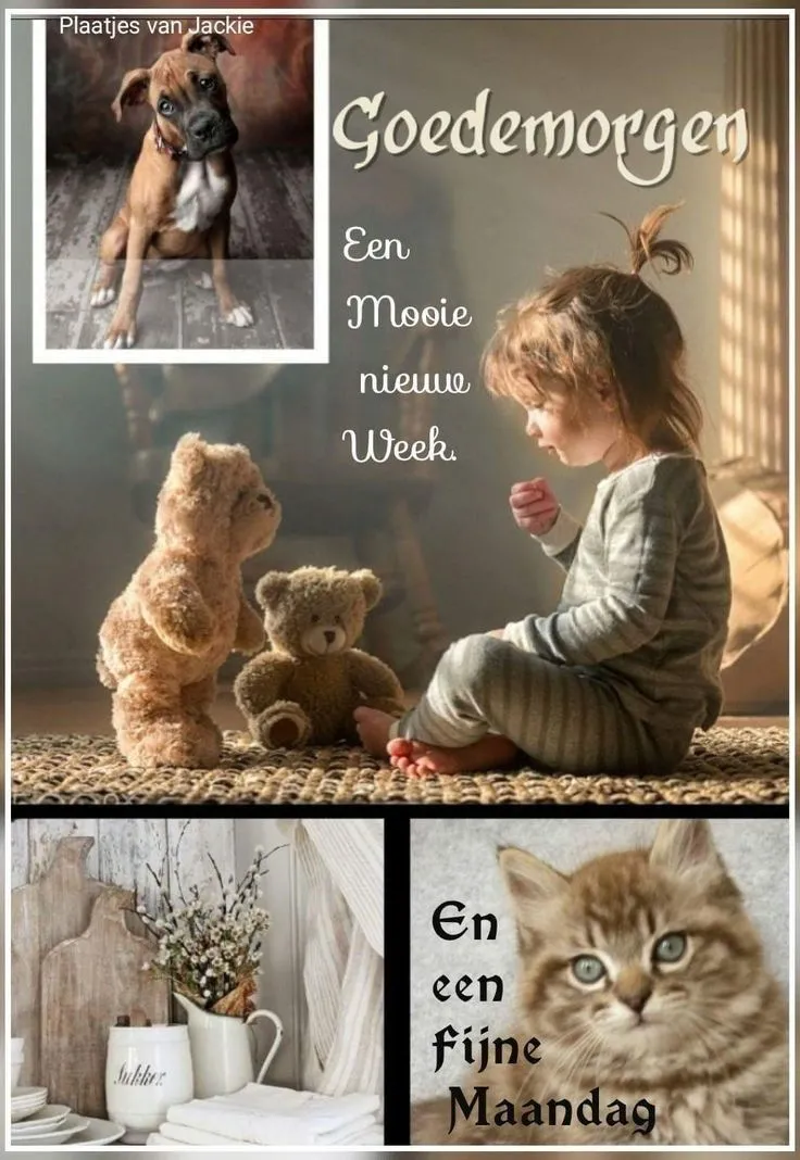 ᐅ goedemorgen afbeeldingen - Goedemorgen plaatjes Een meisje speelt met twee teddyberen en een hondje, met de tekst "Goedemorgen".