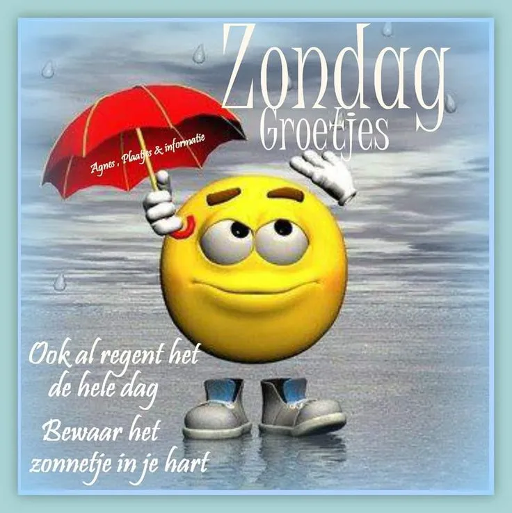 ᐅ goedemorgen afbeeldingen met tekst - Goedemorgen plaatjes Gele smiley met een parasol onder een druilerige lucht en zondagse groet.