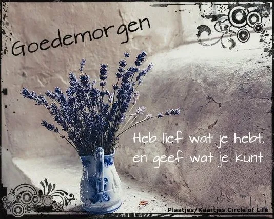 ᐅ goedemorgen afbeeldingen met tekst - Goedemorgen plaatjes Een vaas met lavendelbloemen en een inspirerende tekst in een rustieke omgeving.
