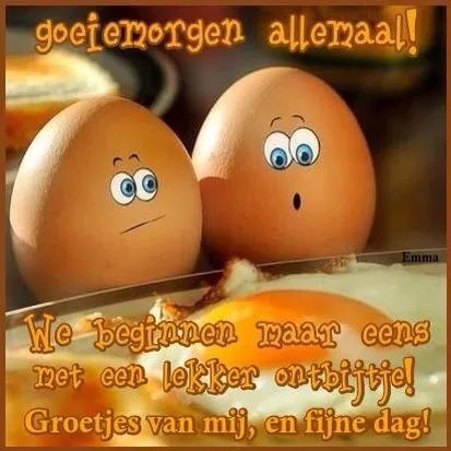 ᐅ goedemorgen allemaal - Fijne week plaatjes Twee schattige gezichten op eieren met een ontbijt achtergrond. Groet voor de dag.