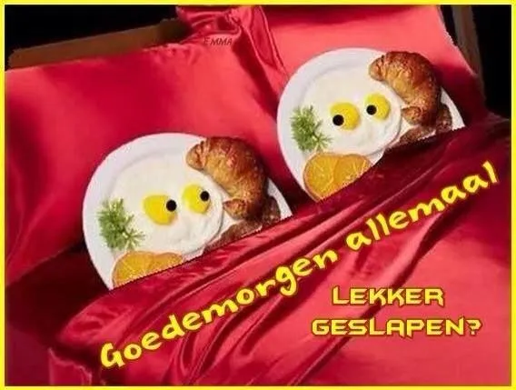 ᐅ goedemorgen allemaal - Fijne week plaatjes Twee borden met ontbijt in een bed met rode lakens en een groet.