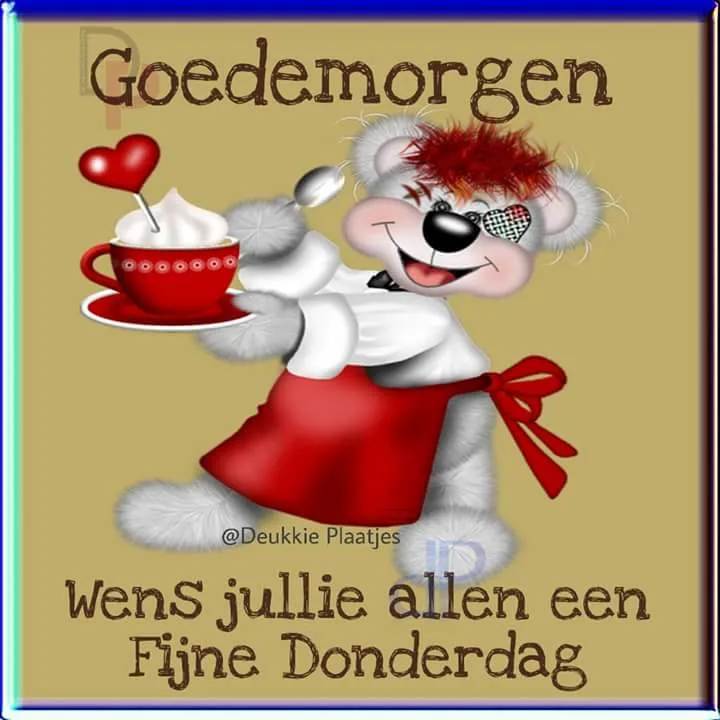 ᐅ goedemorgen allemaal - Fijne week plaatjes Een schattige teddybeer met een kopje koffie en een hartje, zegt "Goedemorgen".