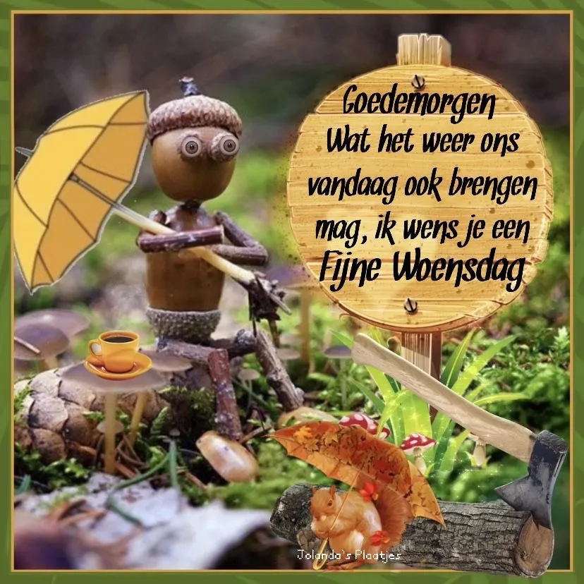 ᐅ goedemorgen allemaal - Fijne week plaatjes Houten figuur met een paraplu, boodschappenbord en decoratieve elementen in de natuur.
