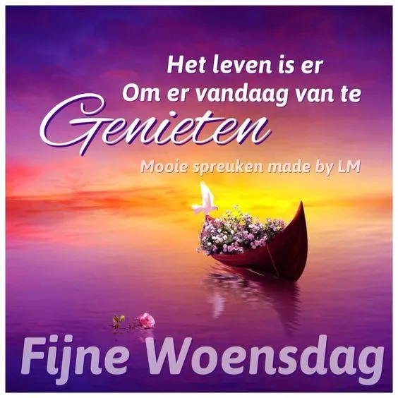 ᐅ goedemorgen allemaal - Fijne week plaatjes Zonneschijn boven een rustige zee met een boot en inspirerende tekst. Fijne woensdag!