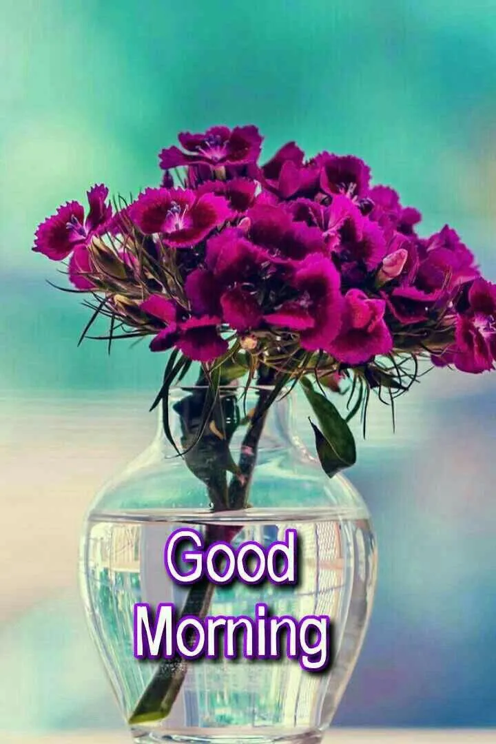 Bos bloemen in een vaas met de tekst "Good Morning" eronder.