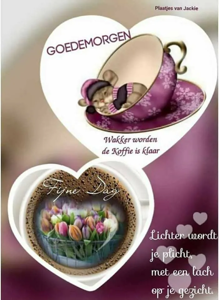 Een schattige theekop met bloemen en een goede morgen boodschap.