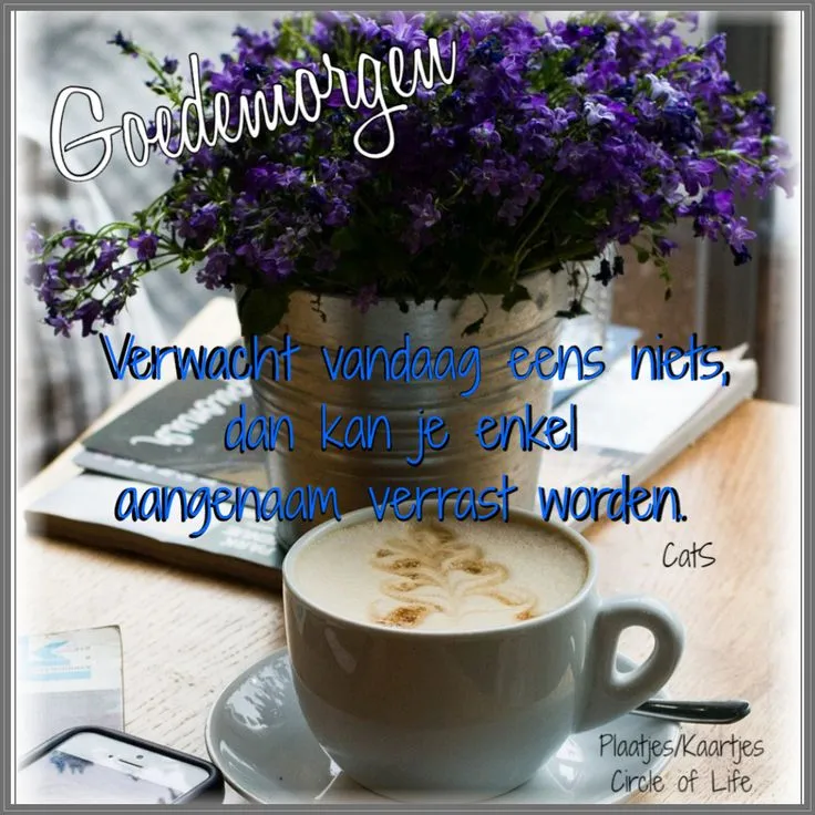 Koffiekopje met bloemen, tekst: 'Goedemorgen, verwacht niets, wees verrast.'
