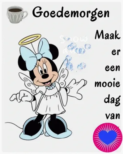 Minnie Mouse met vleugels en een halo, wenst een goede morgen voor een mooie dag.