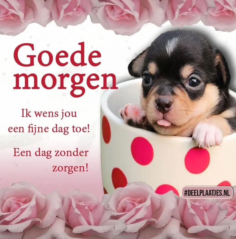 Schattige puppy in een mok met roze stippen, met de tekst "Goede morgen".