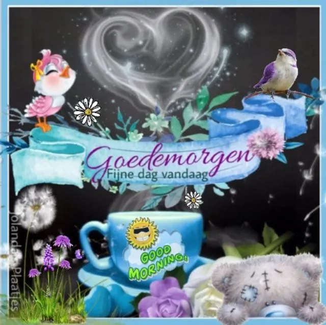 Illustratie met een blauw kopje, bloemen, een vogel en de tekst 'Goedemorgen'.