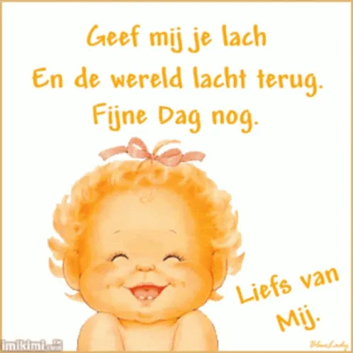 Een schattige baby met een brede lach en een vriendelijke boodschap.