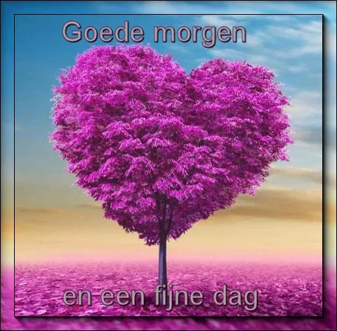 Een paarse hartvormige boom met de tekst "Goede morgen en een fijne dag".