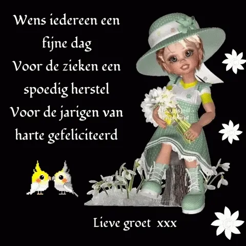 Poppenfiguur met bloemen, wens voor zieken en jarigen op zwarte achtergrond.