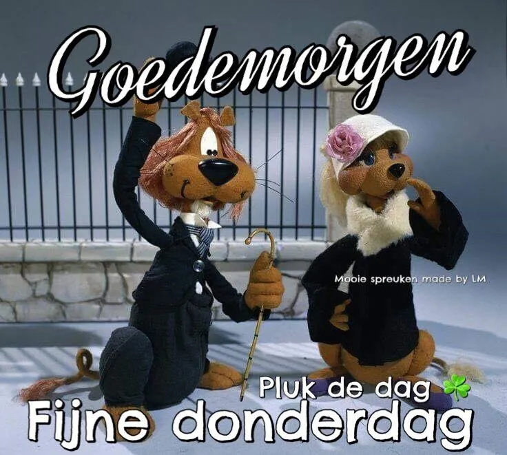 Twee cartoonfiguren met een tekst "Goedemorgen" en "Fijne donderdag".
