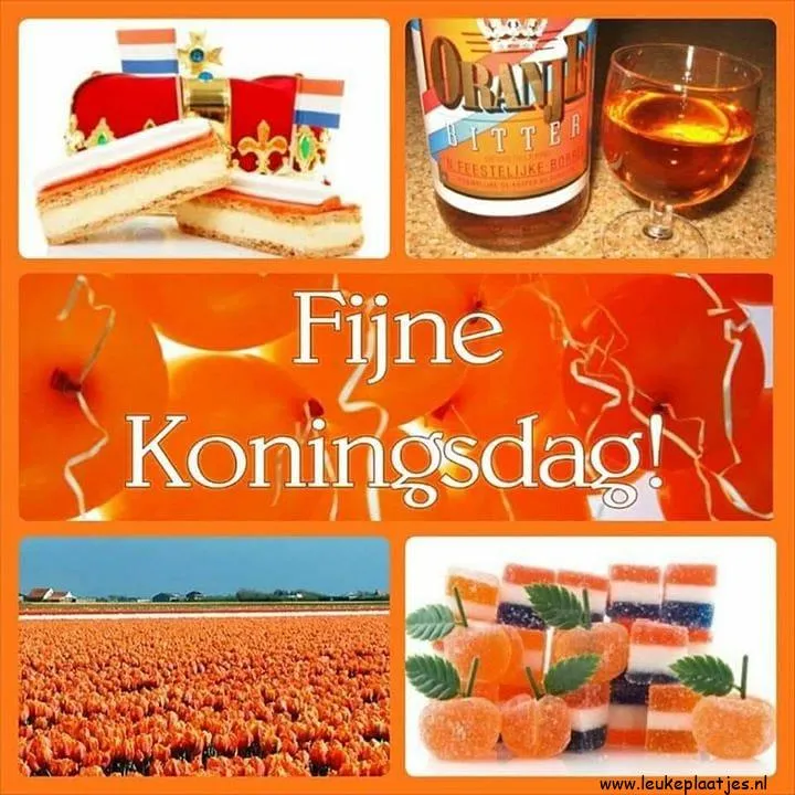 Collage van oranje lekkernijen en tulpen voor Koningsdag. Fijne feestdag!