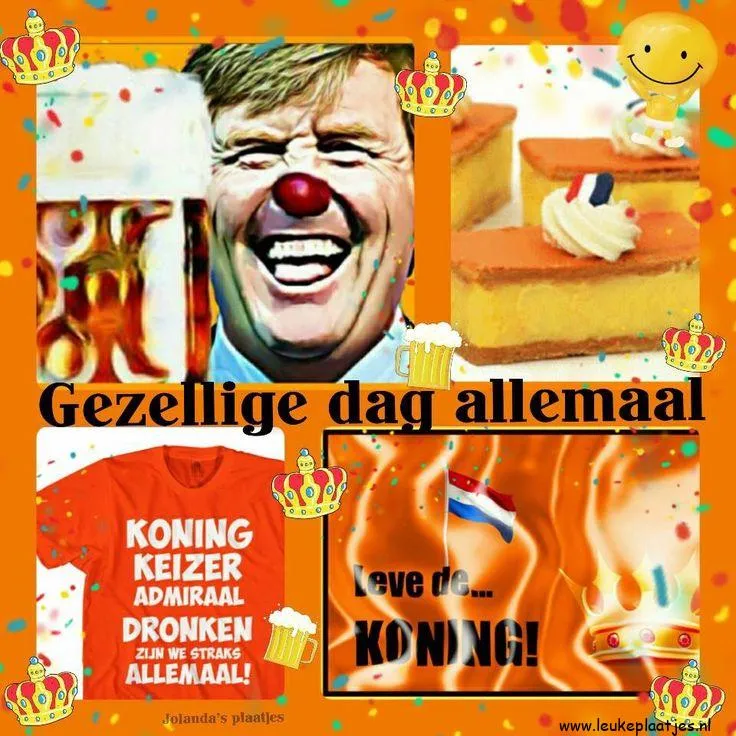 Een feestelijke collage met een clownsneus, een shirt en lekkernijen.