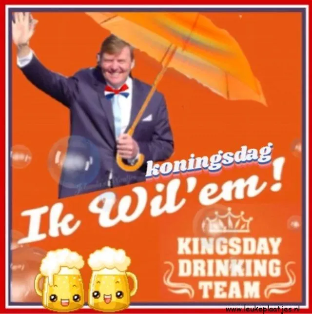 Man in tuxedo met een parasol, tekst over Koningsdag en drinkteam.