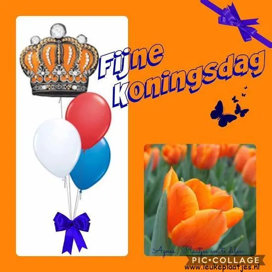 Koningsdag afbeelding met kroon, ballonnen en oranje tulpen.