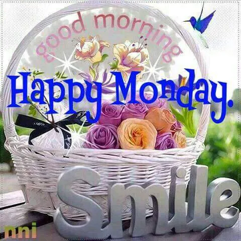 ᐅ goedemorgen fijne maandag - Maandag plaatjes Mandje met bloemen en tekst "Goedemorgen" en "Fijne maandag".