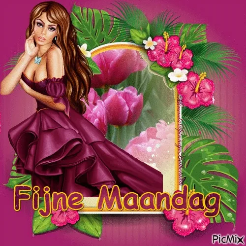 ᐅ goedemorgen fijne maandag - Maandag plaatjes Een vrouw in een paars jurkje met bloemen en bladeren rondom, met de tekst "Fijne Maandag".