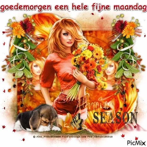 ᐅ goedemorgen fijne maandag - Maandag plaatjes Een vrouw met bloemen en een puppy op een kleurrijke achtergrond. Tekst: "Fijne maandag."