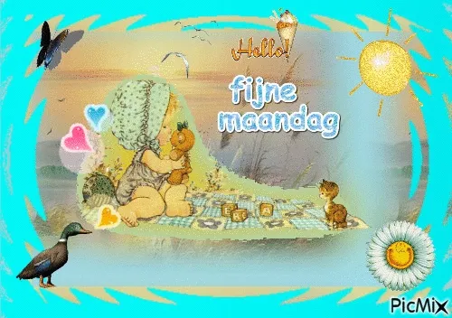 ᐅ goedemorgen fijne maandag - Maandag plaatjes Een schattig kind speelt op een kleed met dieren en een zon in de achtergrond.