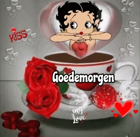 Een liefdevolle afbeelding met een hartvormige kop en rozen, met de tekst 'Goedemorgen'.