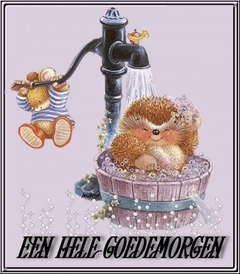 Een egel in een badkuip met bubbels, een muis speelt met water. Tekst: "Een hele goedemorgen".