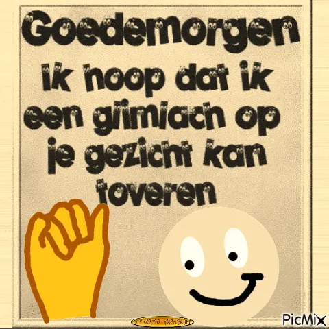 Tekst met "Goedemorgen" en een glimlachende emoji op een beige achtergrond.